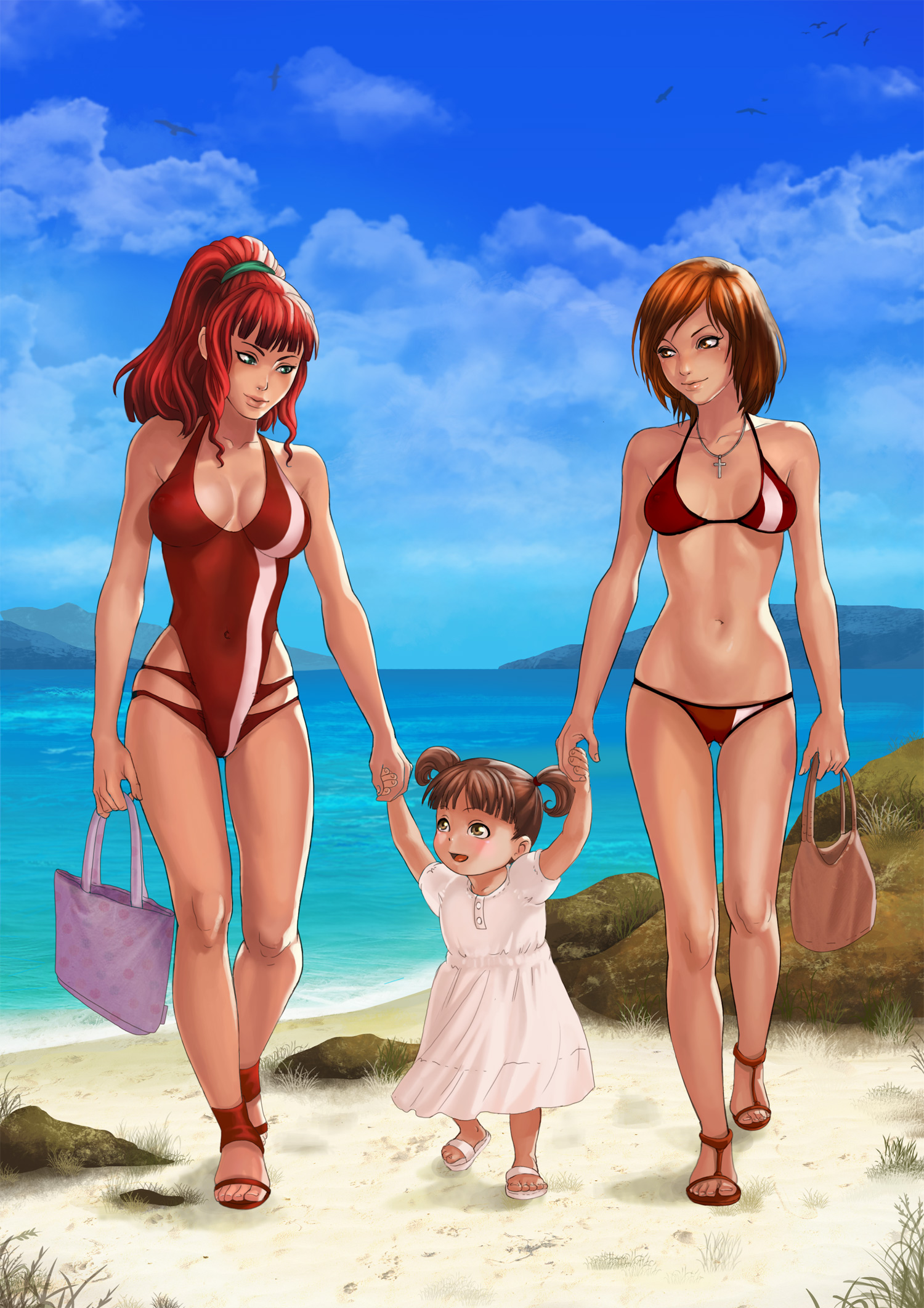 Футанари мама комиксы. Футанари на пляже в купальнике.